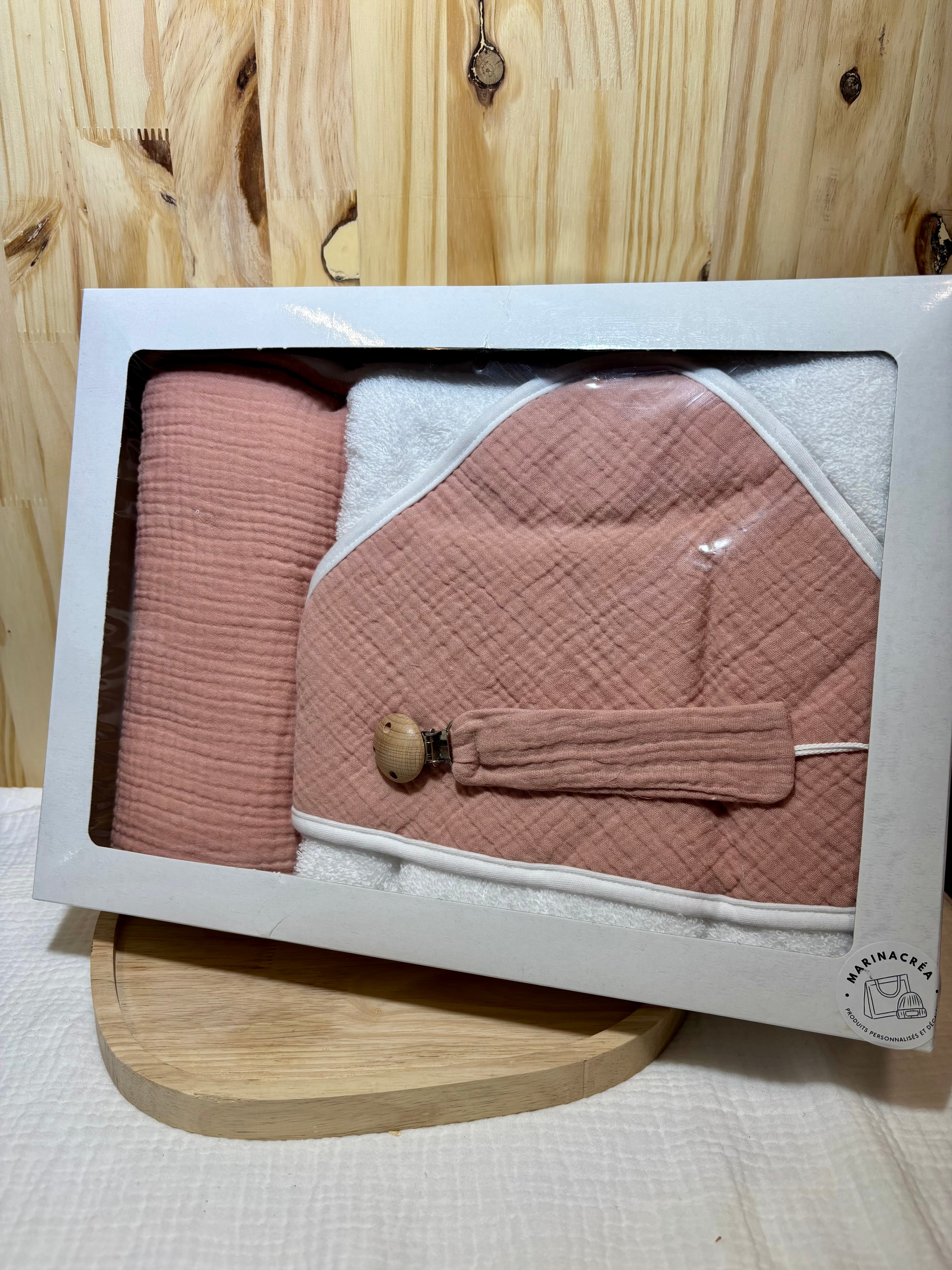 Coffret naissance personnalisé – Plaid bébé , cape de bain & attache tétine - Terracotta
